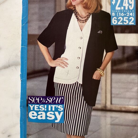 See & Sew Pattern 6252 Size B 16-18-20-22-24 Women's Jacket Top Skirt Uncut 1992 - Picture 2 of 6